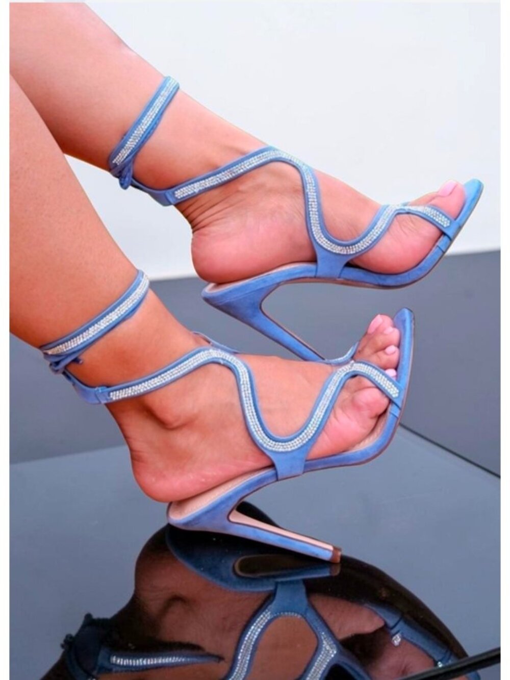 Strappy Blue High Heel Sandals With Rhinestone Detailing & Ankle Wrap Design For